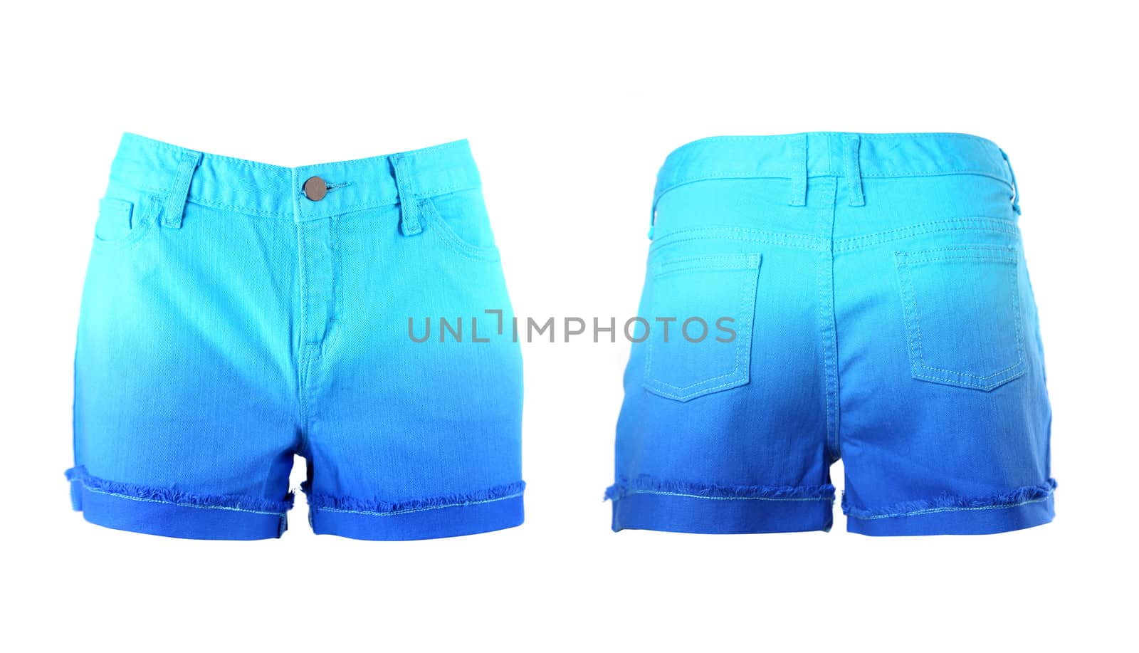 A women jeans shorts isolated on a white background. Front and back.