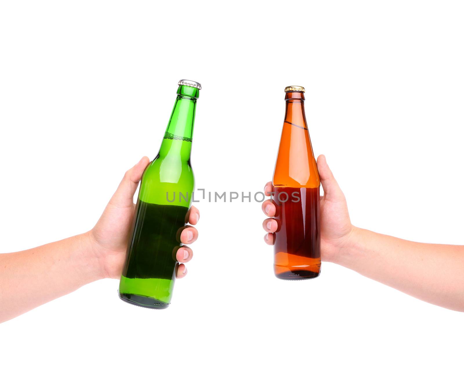 Two beer bottles and three hands isolated on white