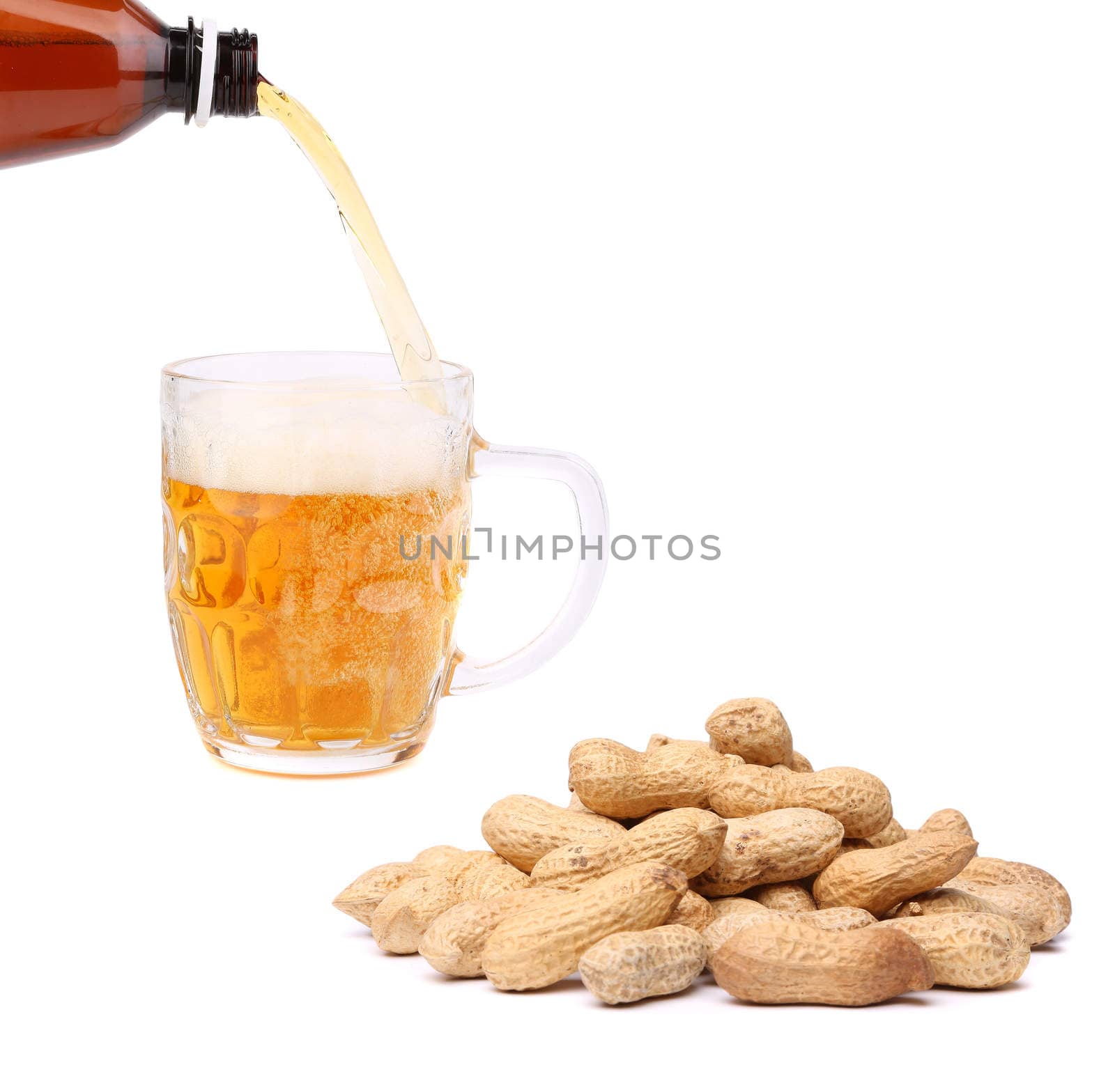 Peanuts, stream, glass of beer on a white background