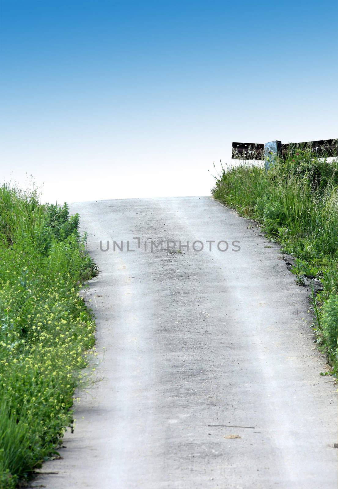 Road on the heaven. Dirt road. Green grass. Blue sky.