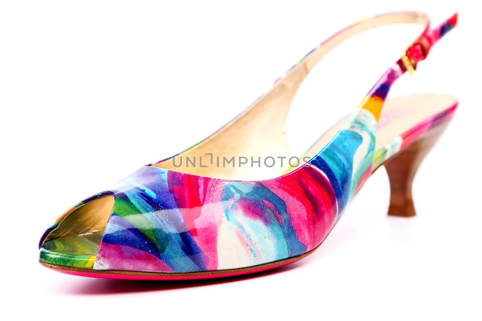 Women's low heel color shoes isolated on white with clipping path