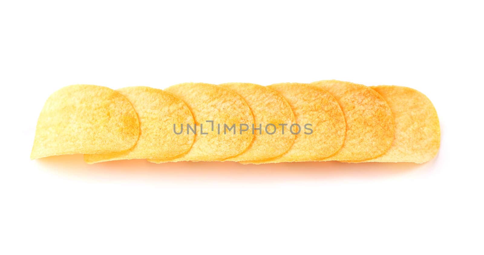 Row of potato chips on a white background