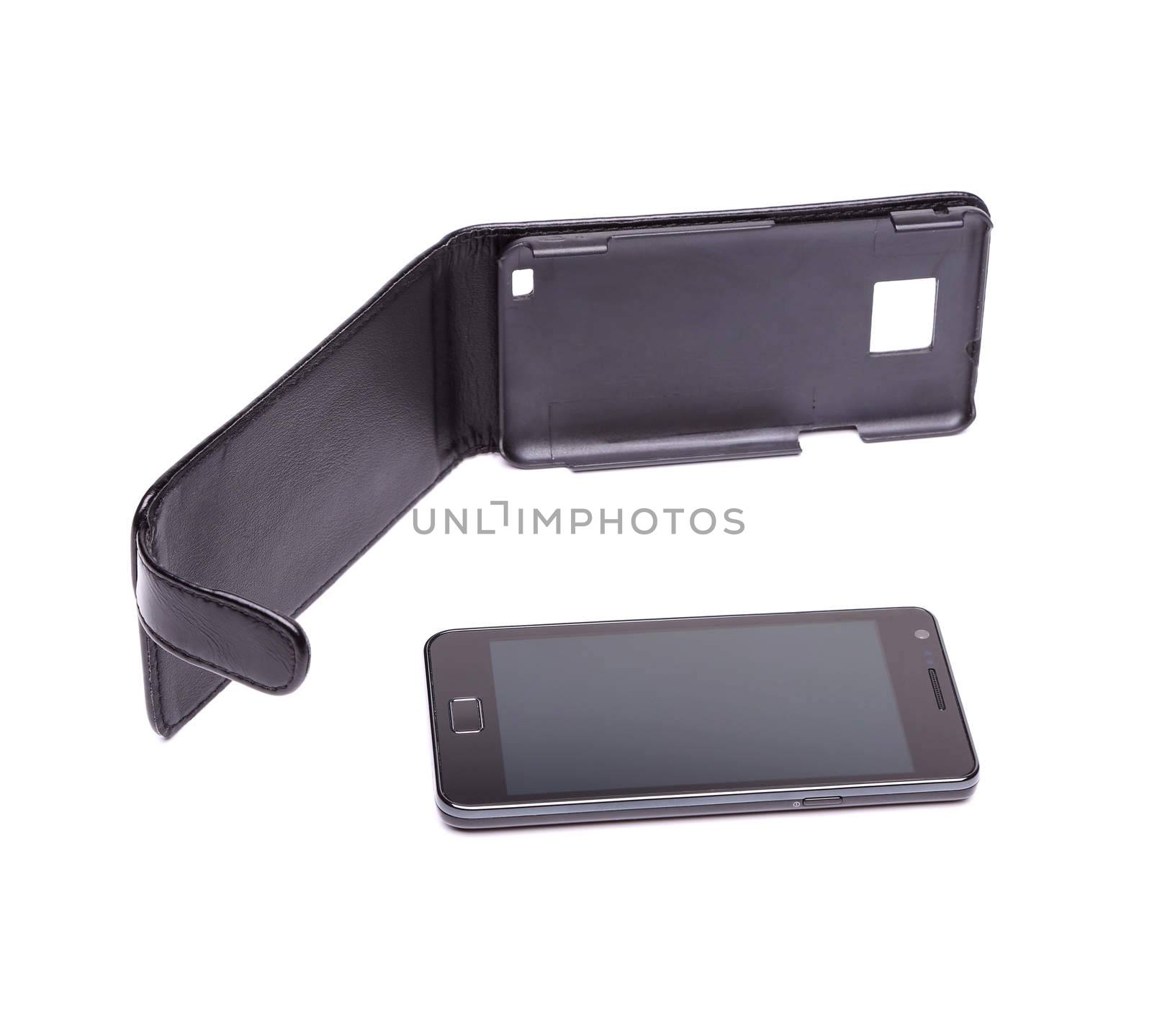 One modern mobile and case on white background