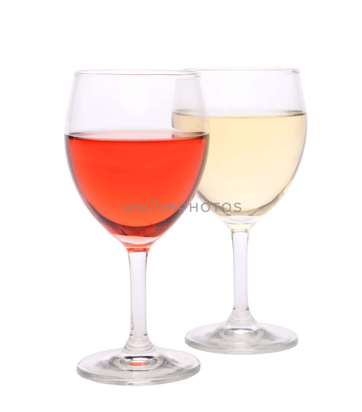 Red and white wine glasses on a white background