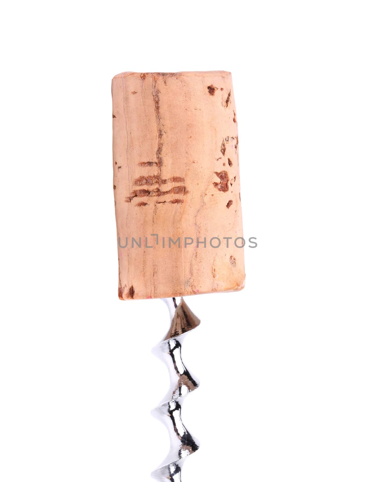 Cork and corkscrew on a white background
