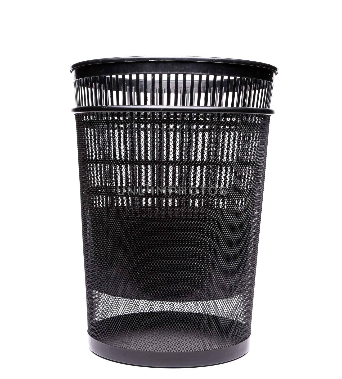 Plastic into metal trash cans on white background