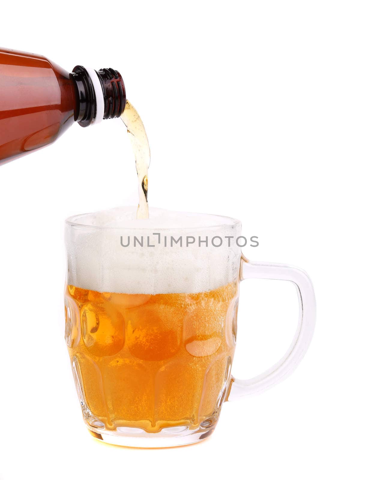 Bottleneck, stream, foam, glass of beer on a white background