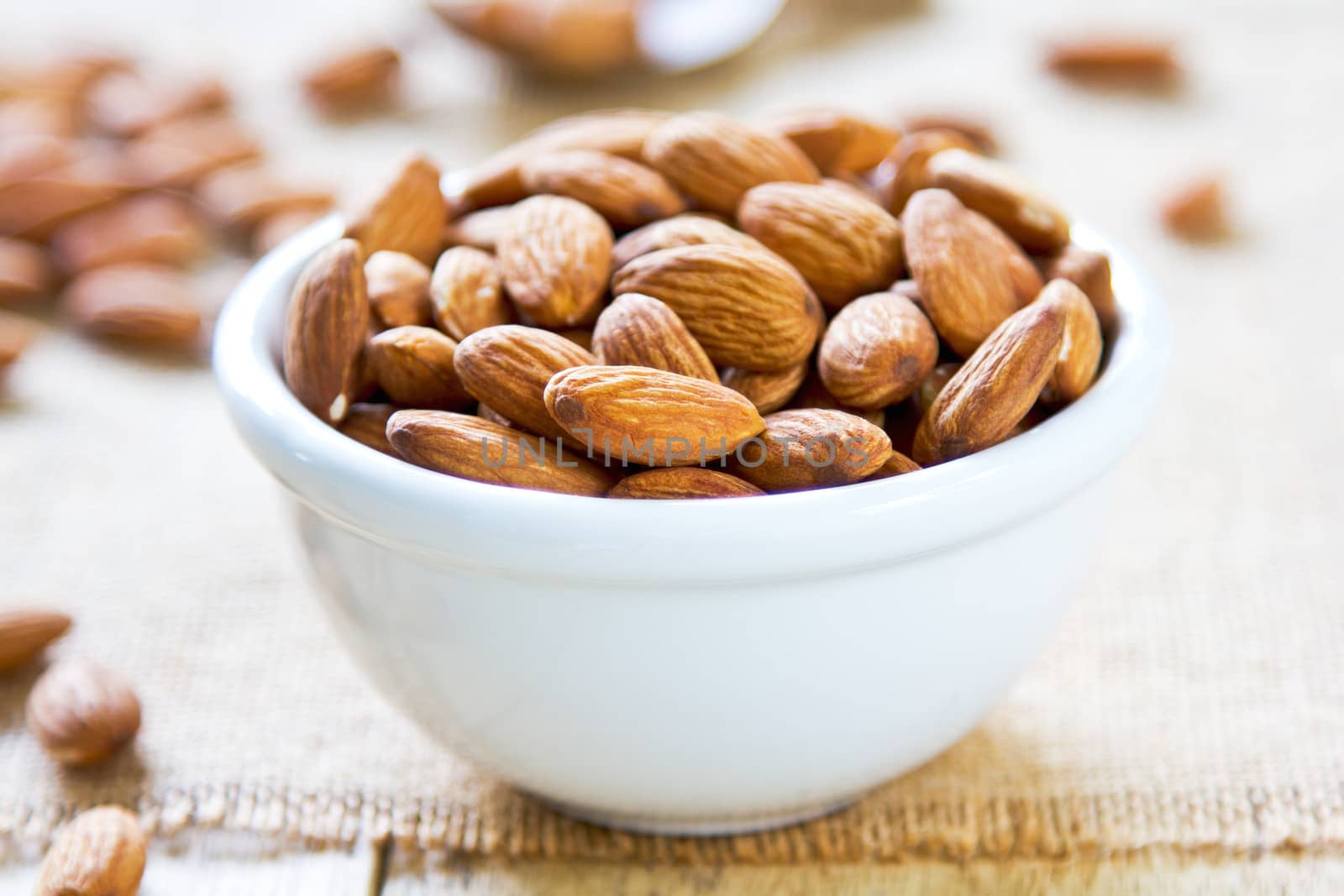 Almonds in a white bowl