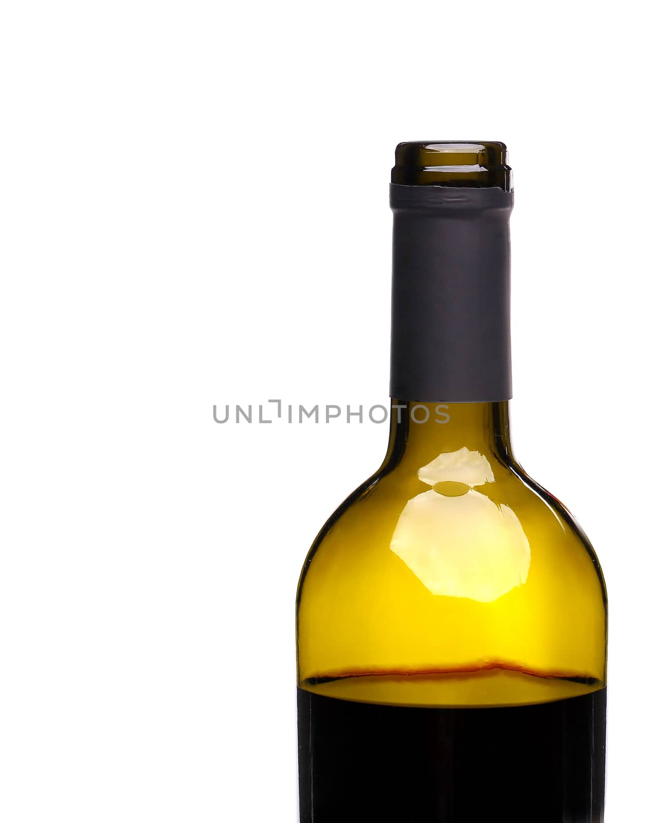 Open bottle of red wine on white bavkground