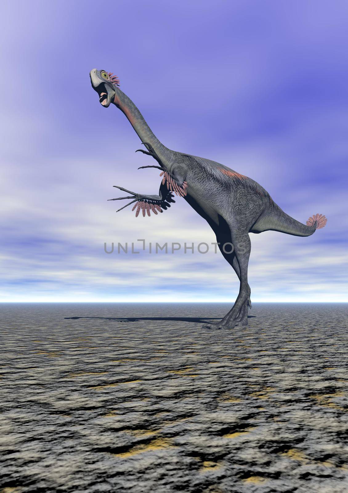 dinosaur gigantoraptor and sky blue and clouds