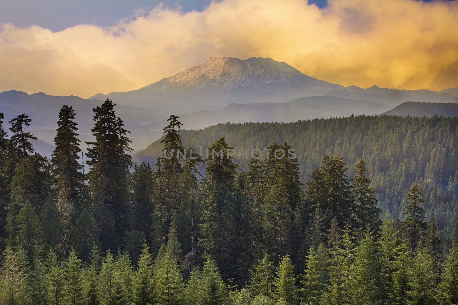 Sunset with Clouds Over Mount St Helens in Washington State Landscape