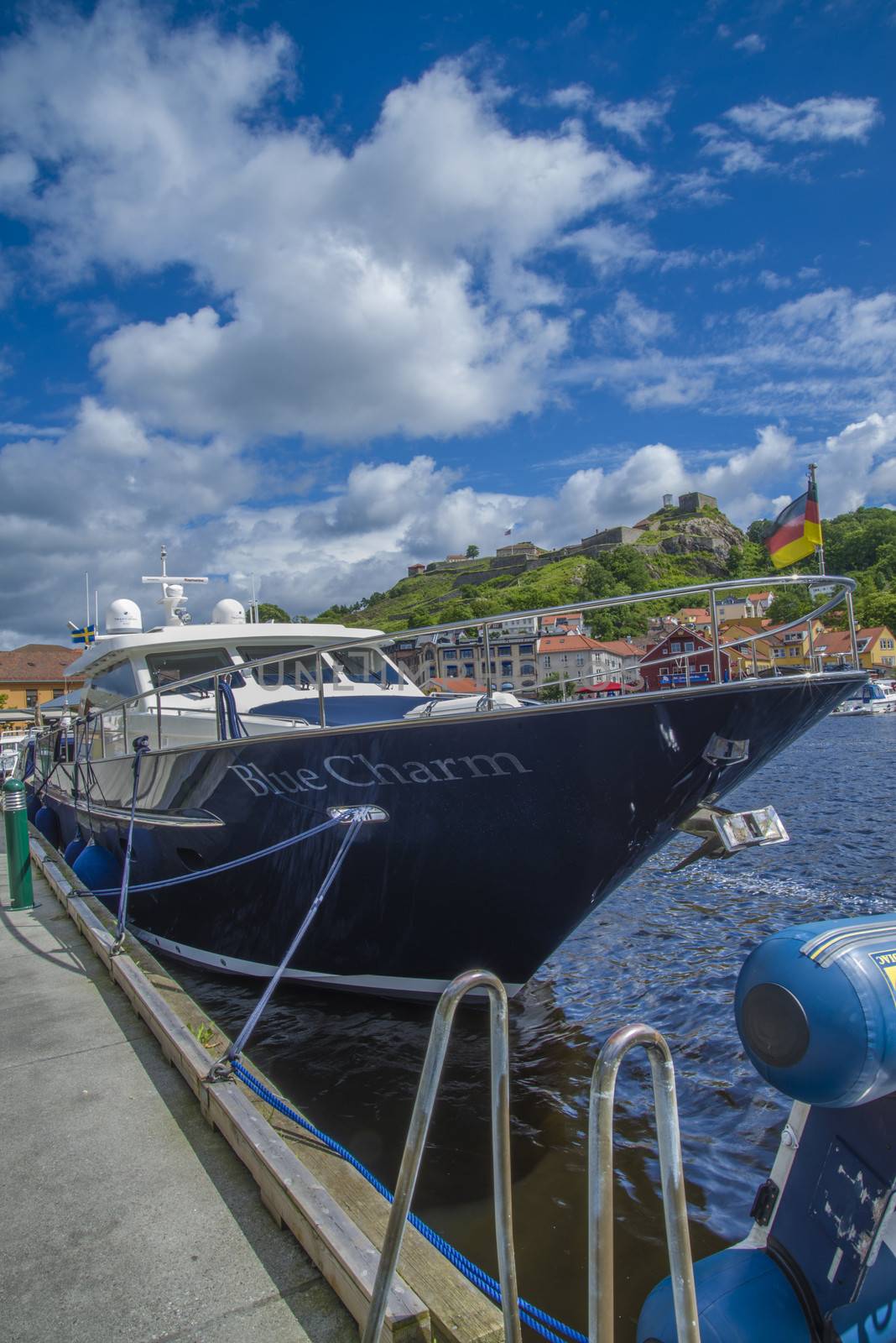 Wim Van der Valk Yachts Continental Yachts, built in the Netherlands, the ship has a German flag and is moored to the quay in the port of Halden, Norway.