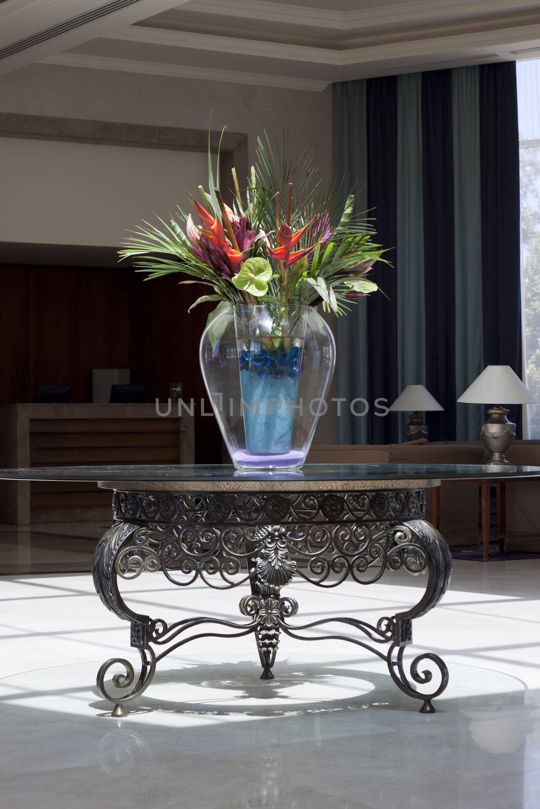 Reception area with vase set up with a lavish bouquet of flowers