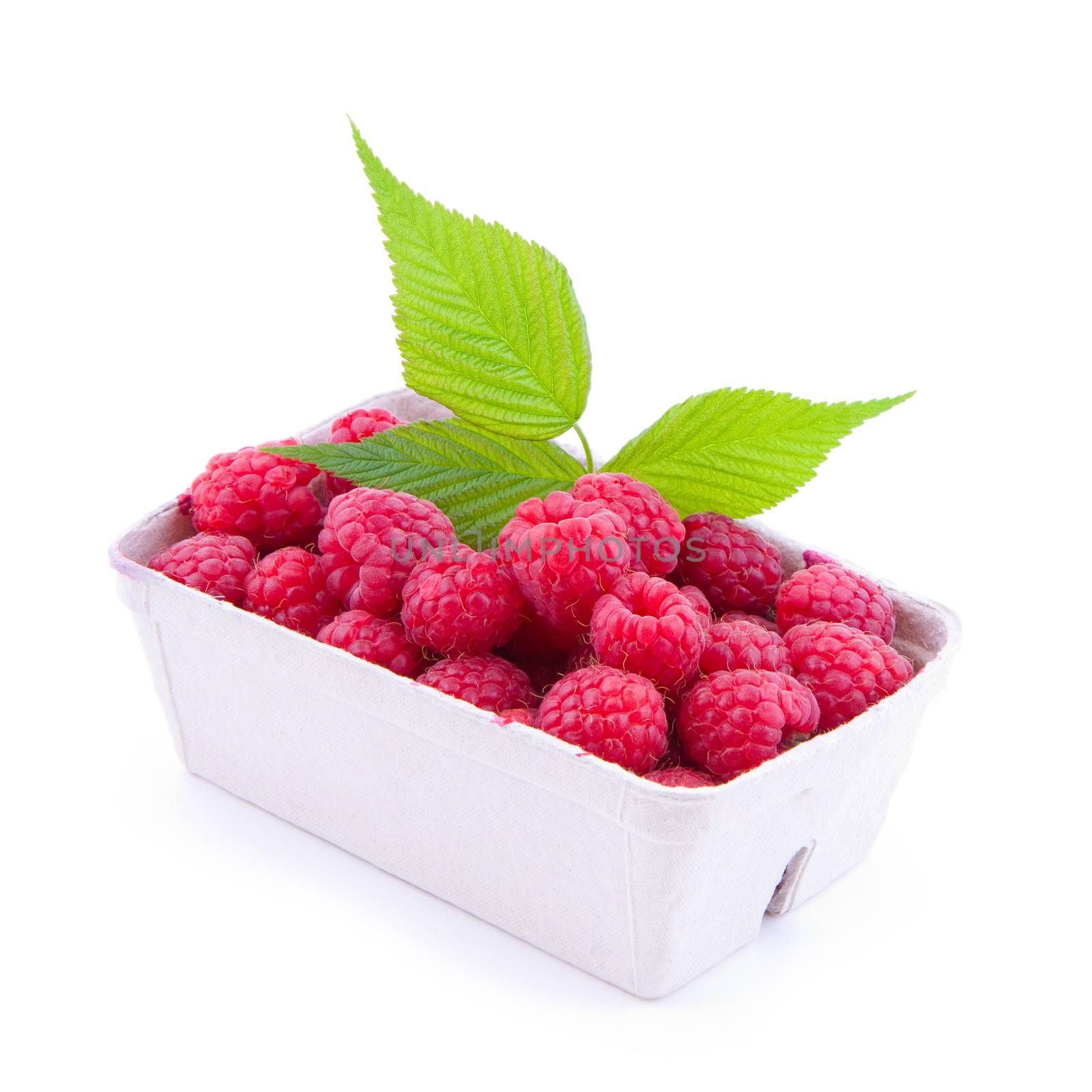 Fresh raspberries in a paper punnet isolated on white