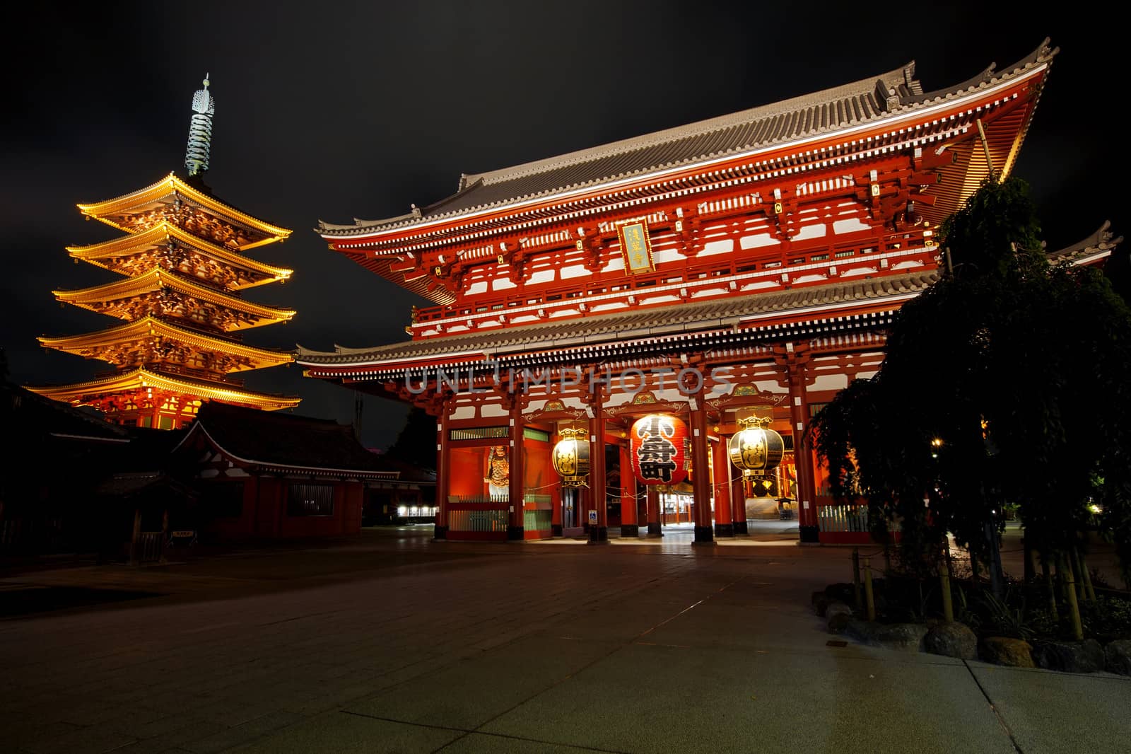 The Asakusa temple with the pagoda at night in Tokyo