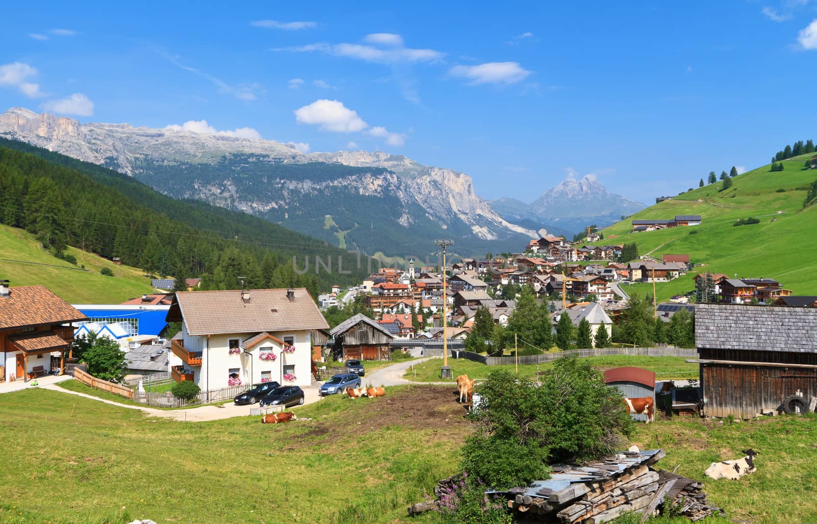 overview of San Cassiano, famous small town in Val Badia, Italy
