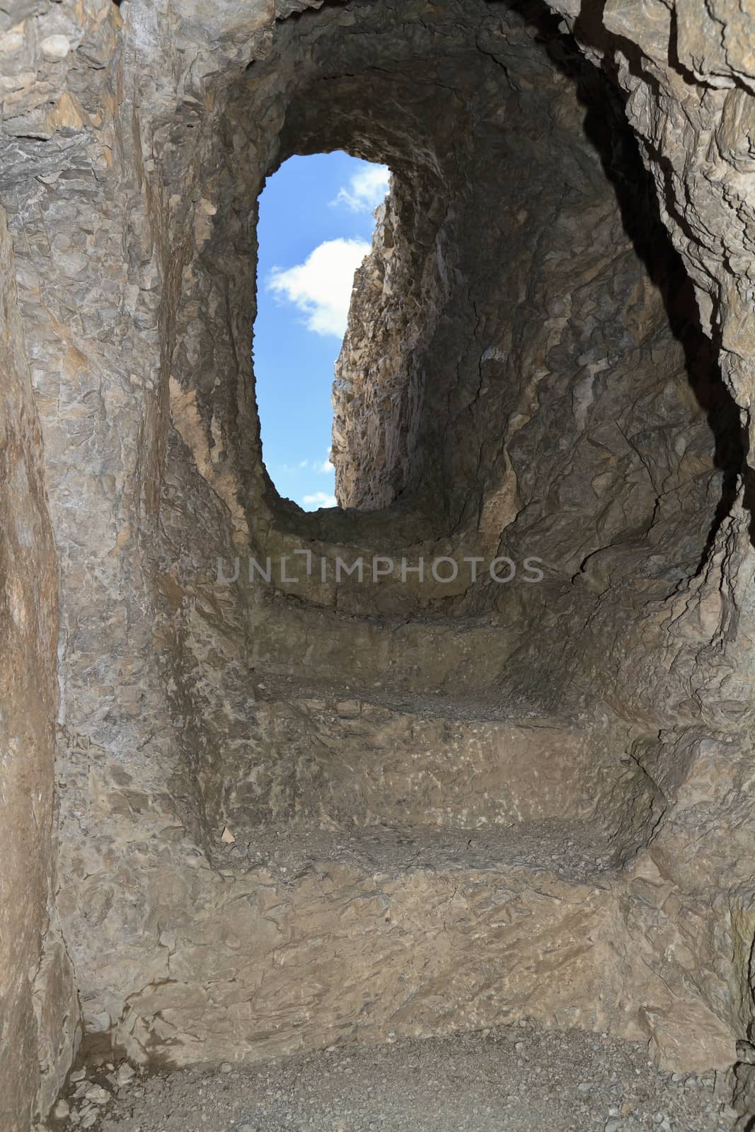 tunnel with stair built during first world war in Italian Dolomites