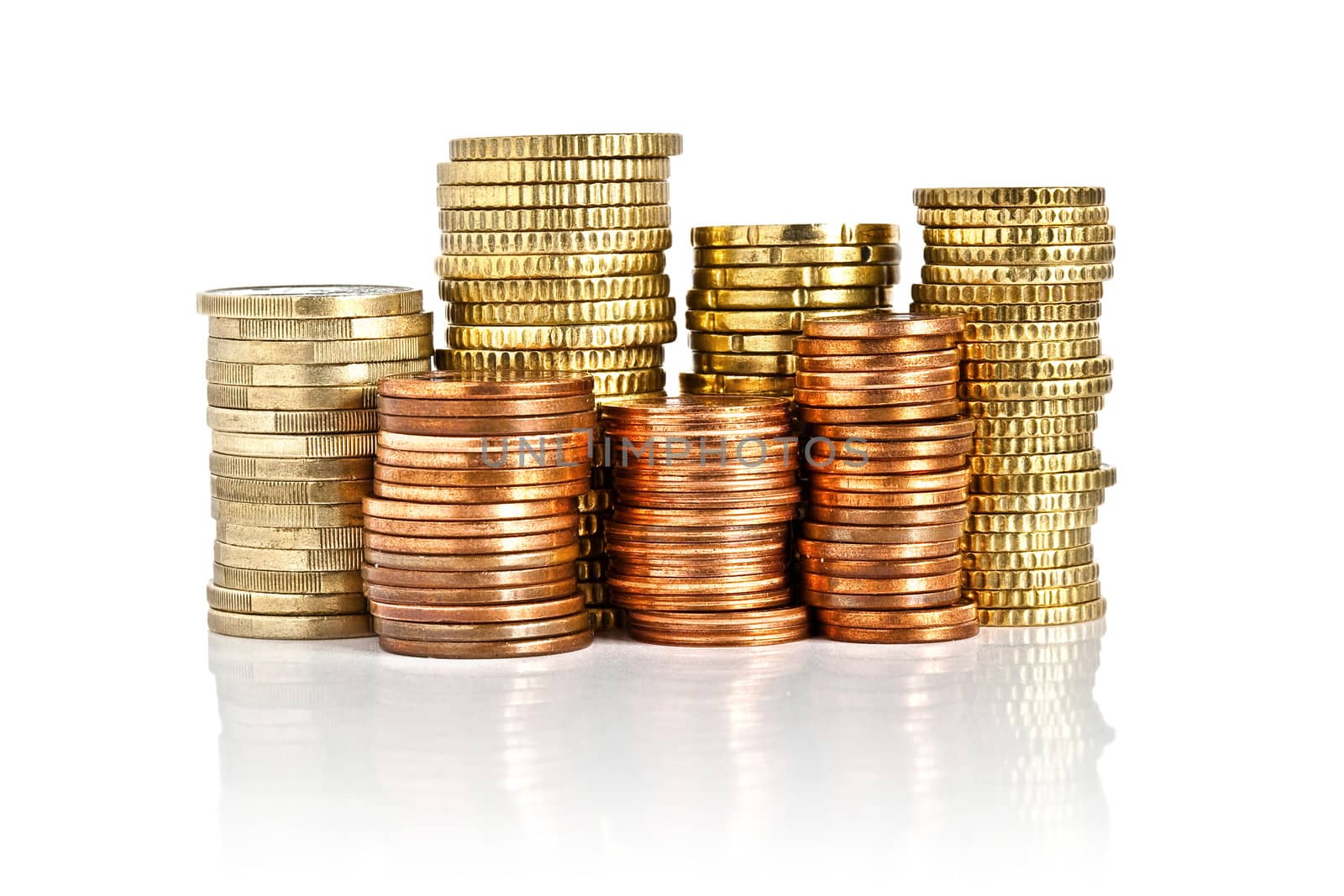 euro currency piled up with one euro, fifty, twenty, ten, five, two and one cent coins, isolated on white background