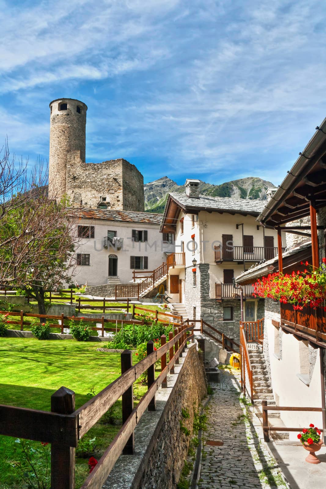 small village with the ruins of an ancient castle in Aosta Valley, Italy