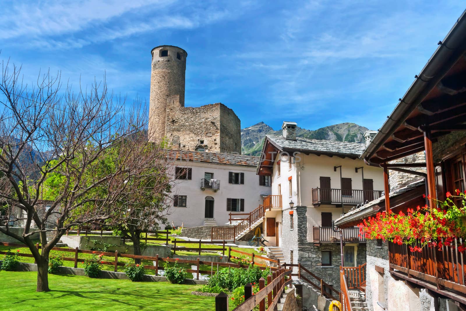 small village with the ruines of an ancient castle in Aosta Valley, Italy. Image slightly precessed with hdr technique