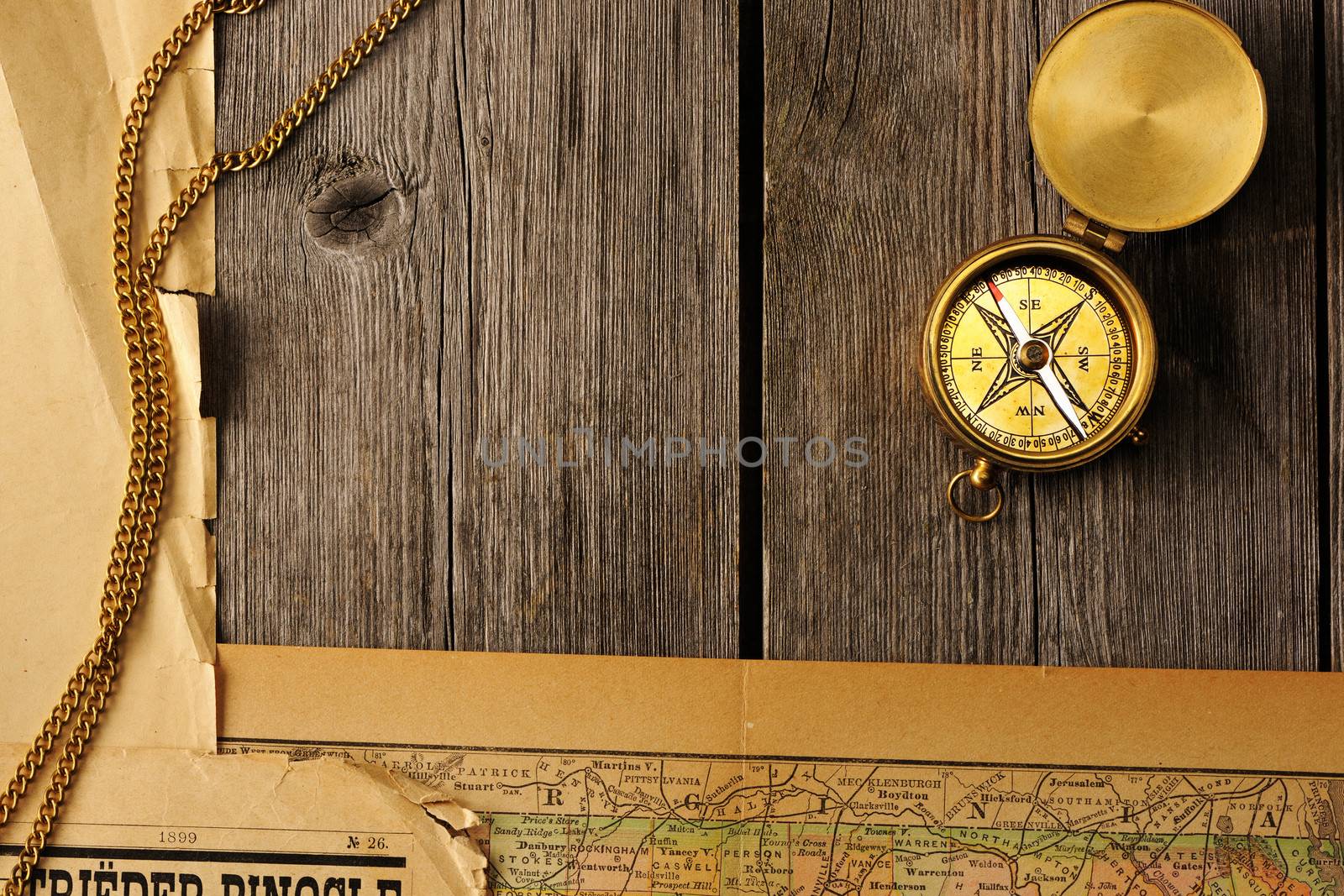 Antique brass compass over old map
