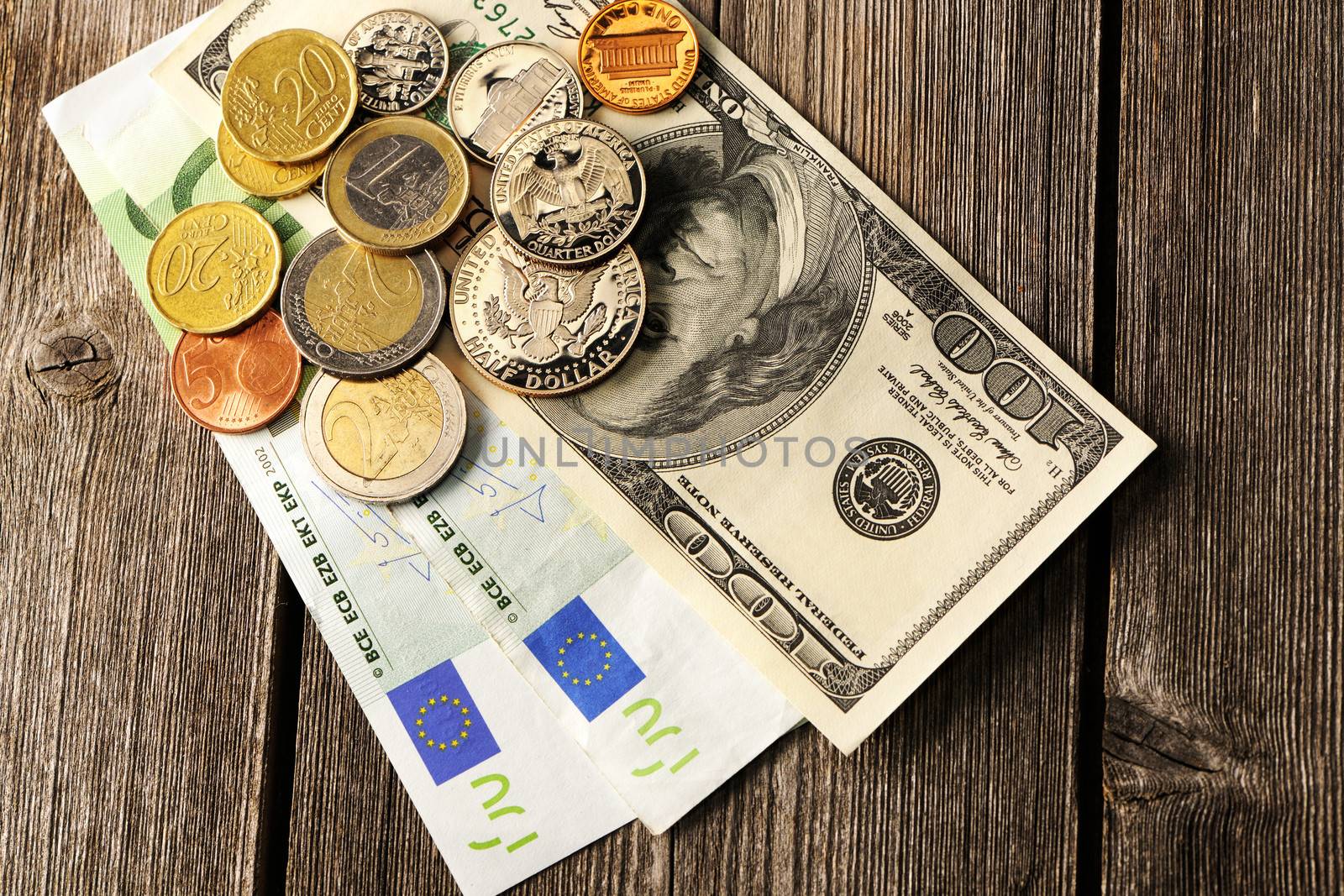 US and euro currency over wooden background