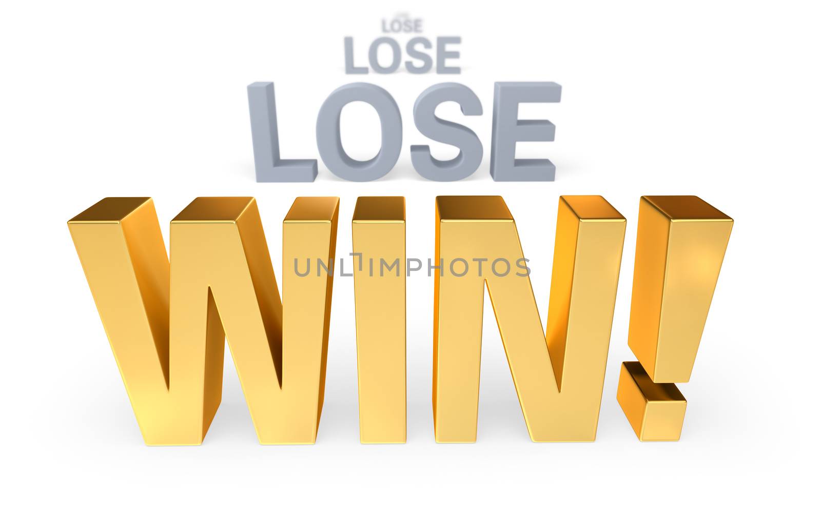 Sharp focus on triumphant, gold "WIN!" in front of a row of plain gray "LOSE"s blurring and receding into the distance. Isolated on white.