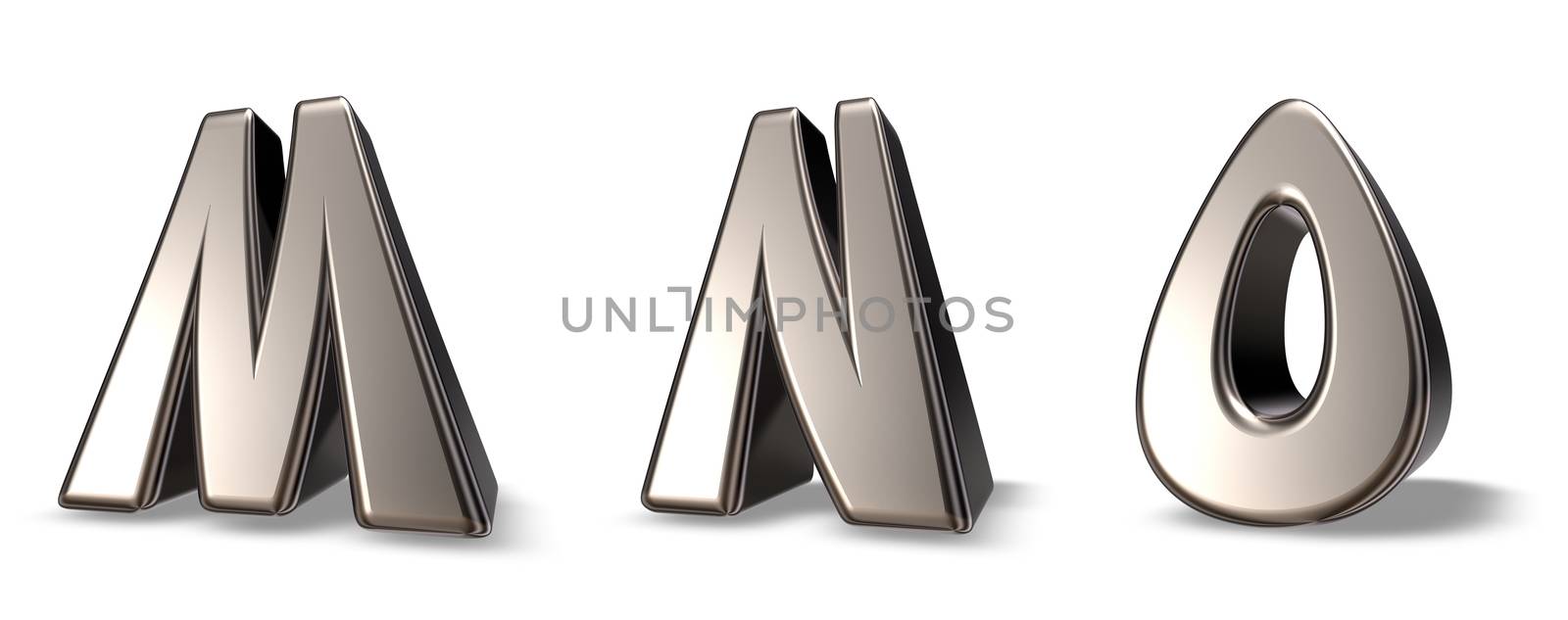 metal letters mno on white background - 3d illustration