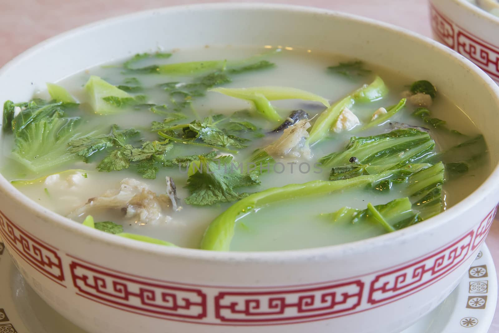 Fish Head Soup with Chinese Vegetable Parsley Tofu and Cilantro Closeup