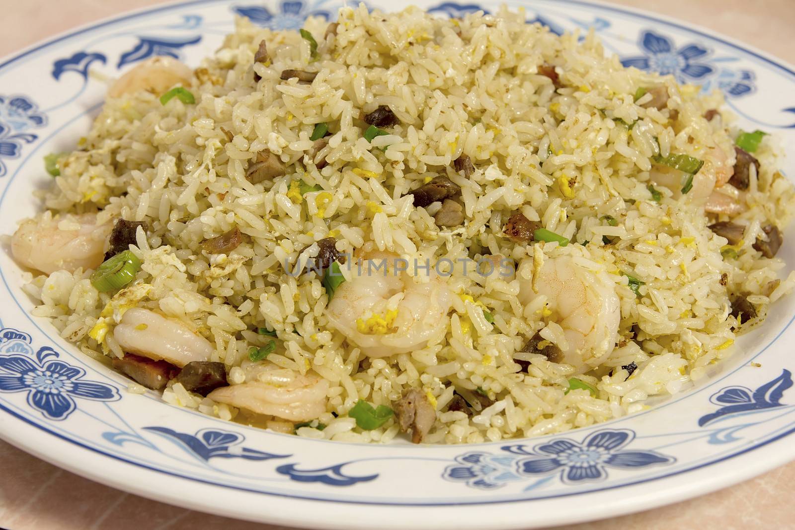 Chinese Yang Chow Fried Rice with Eggs Barbeque Pork and Shrimp Closeup