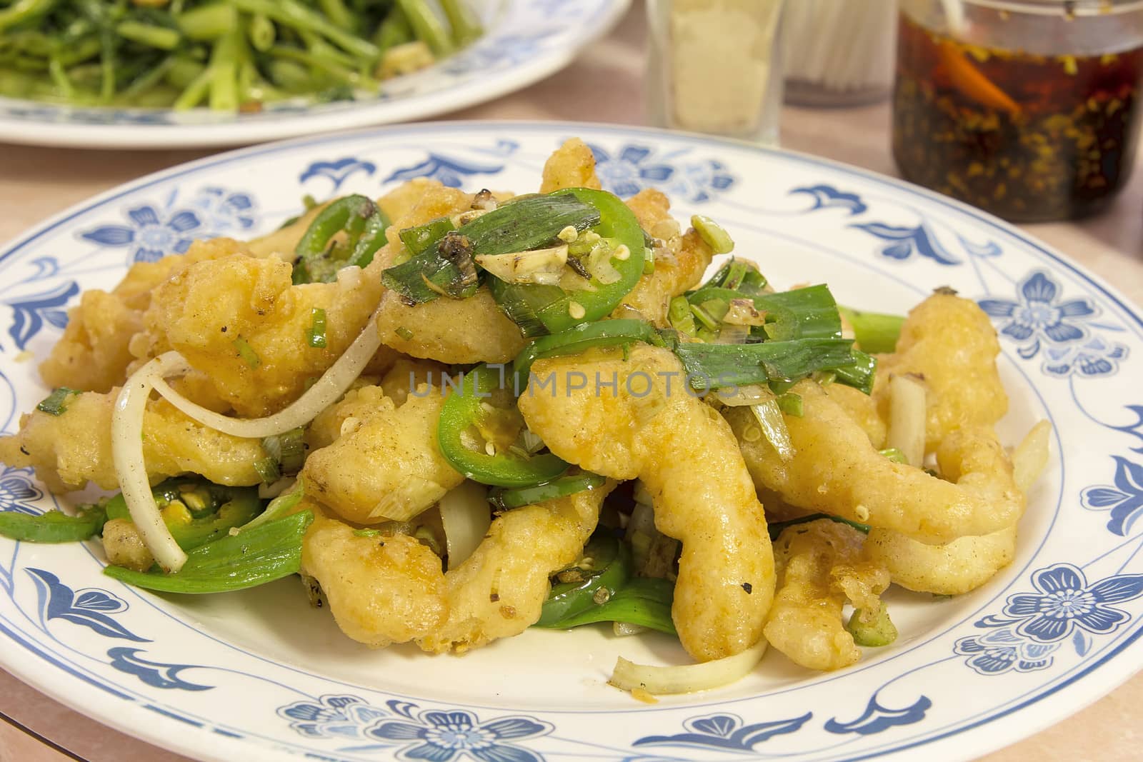 Deep Fried Battered Pepper Salted Fish Prawns with Hot Jalapeno Chili Peppers Onions and Green Chives