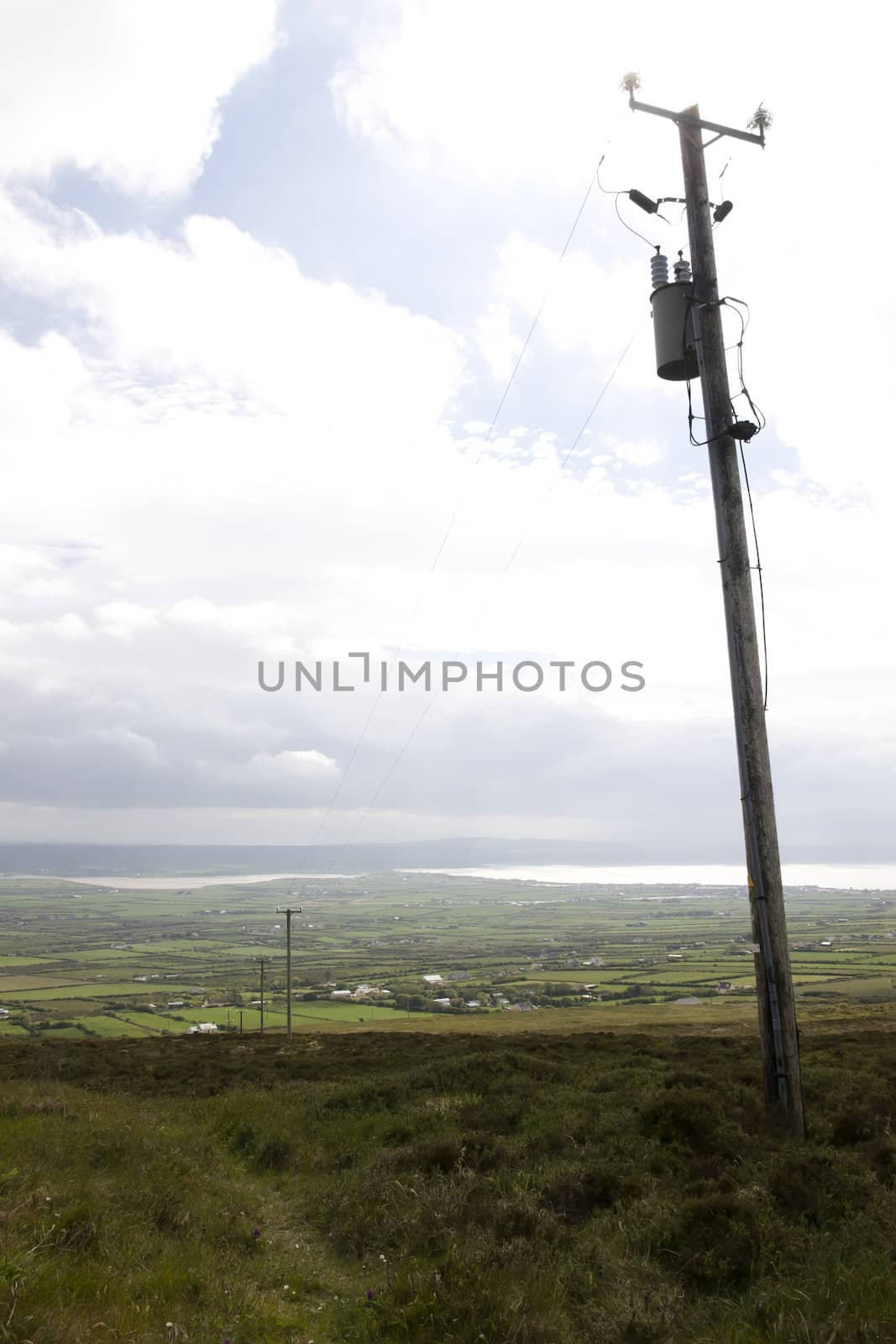 electric poles running through the Irish countryside from Knockanore hill in county Kerry