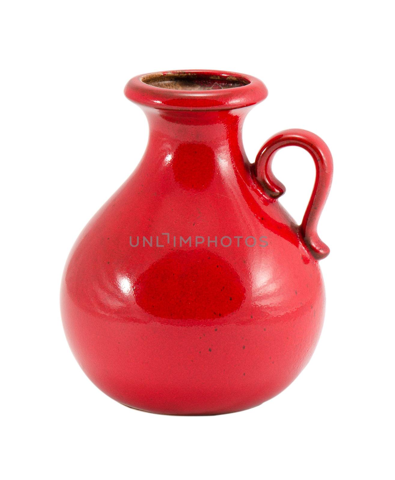 red retro ceramic round flower vase with handle and small hole isolated on white background.