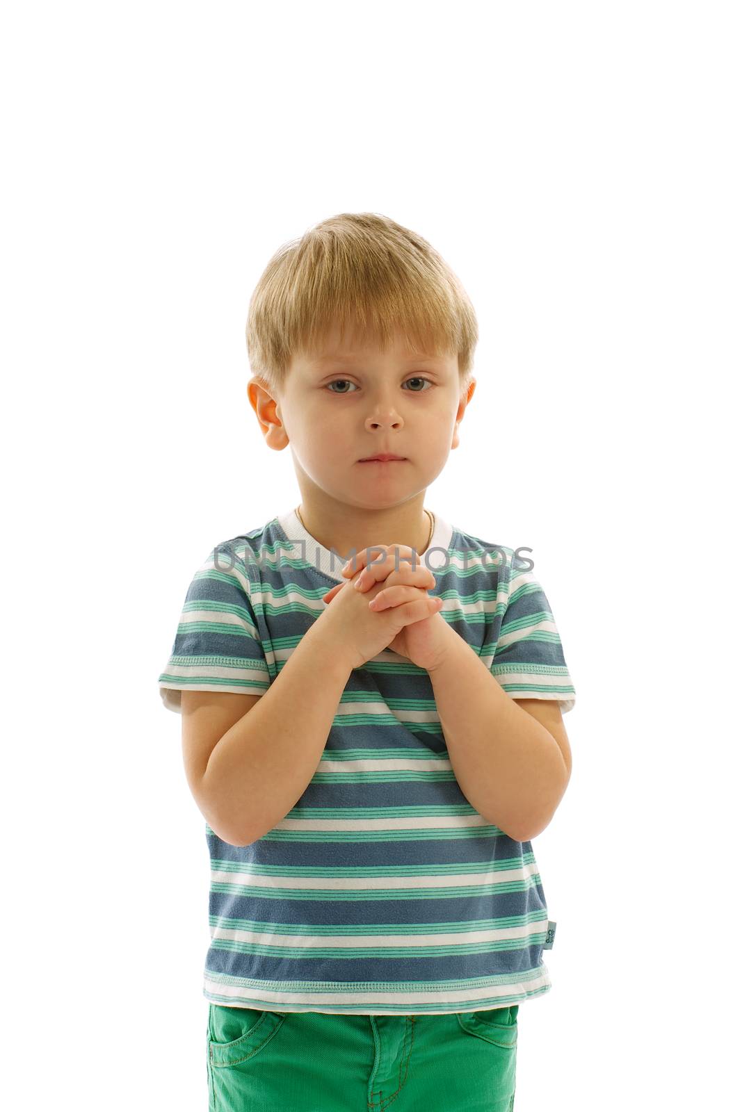 Little Blonde Boy in Stripped Shirt Praying with Folded Hands on white background