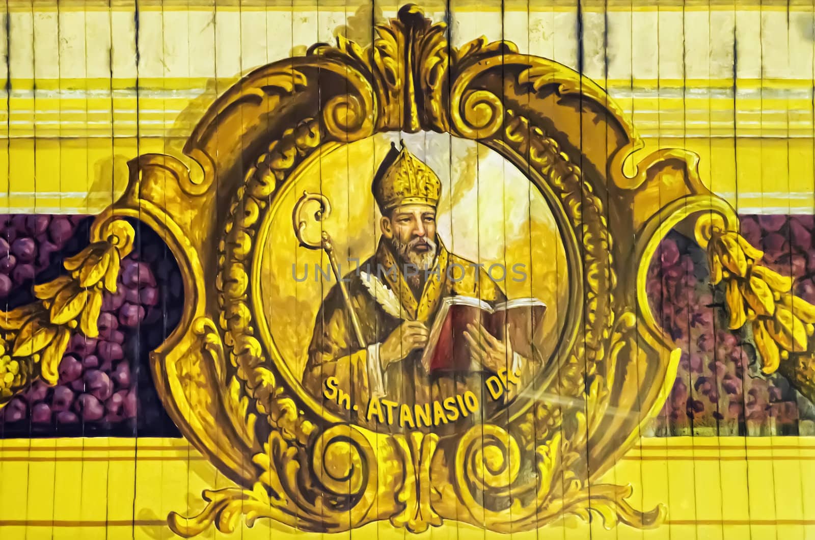 A 400-year old painting on a church ceiling depicting the San Atanasio in Pampanga, Philippines.  The church is one of the country's national treasure.