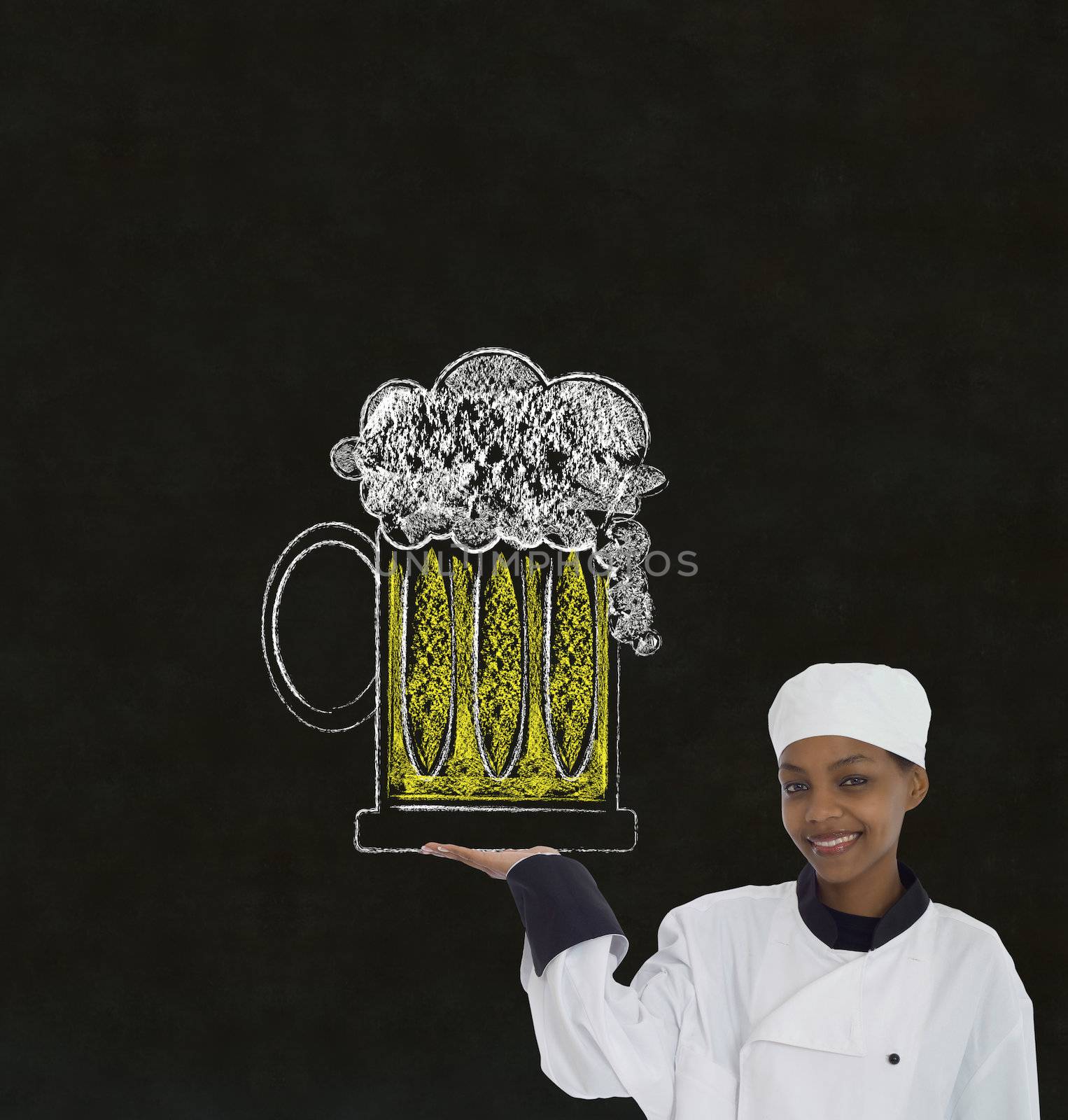 Woman female African or African American chef holding beer drink on chalk blackboard background