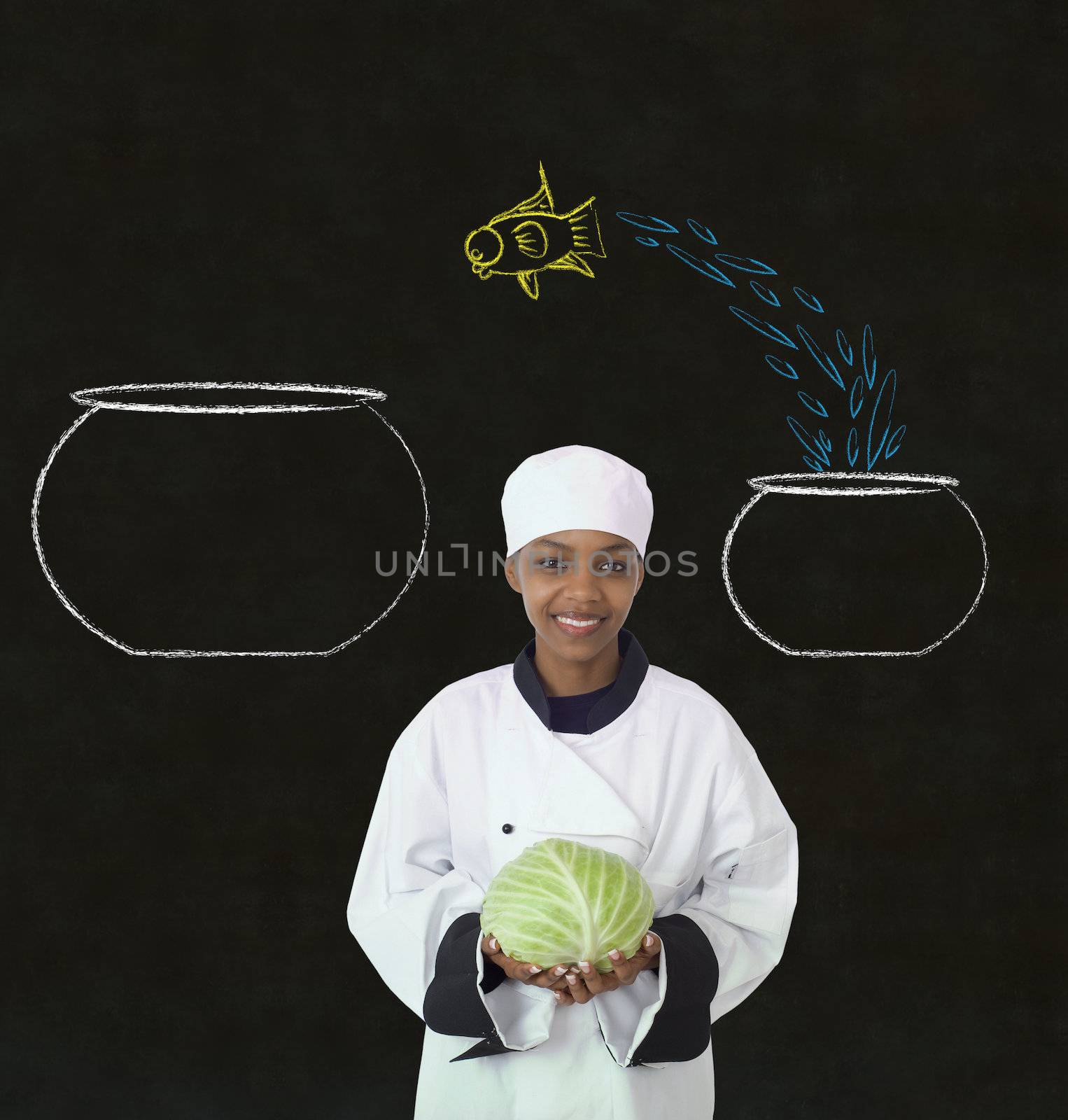 Woman female African or African American chef jumping fish decision on chalk blackboard background
