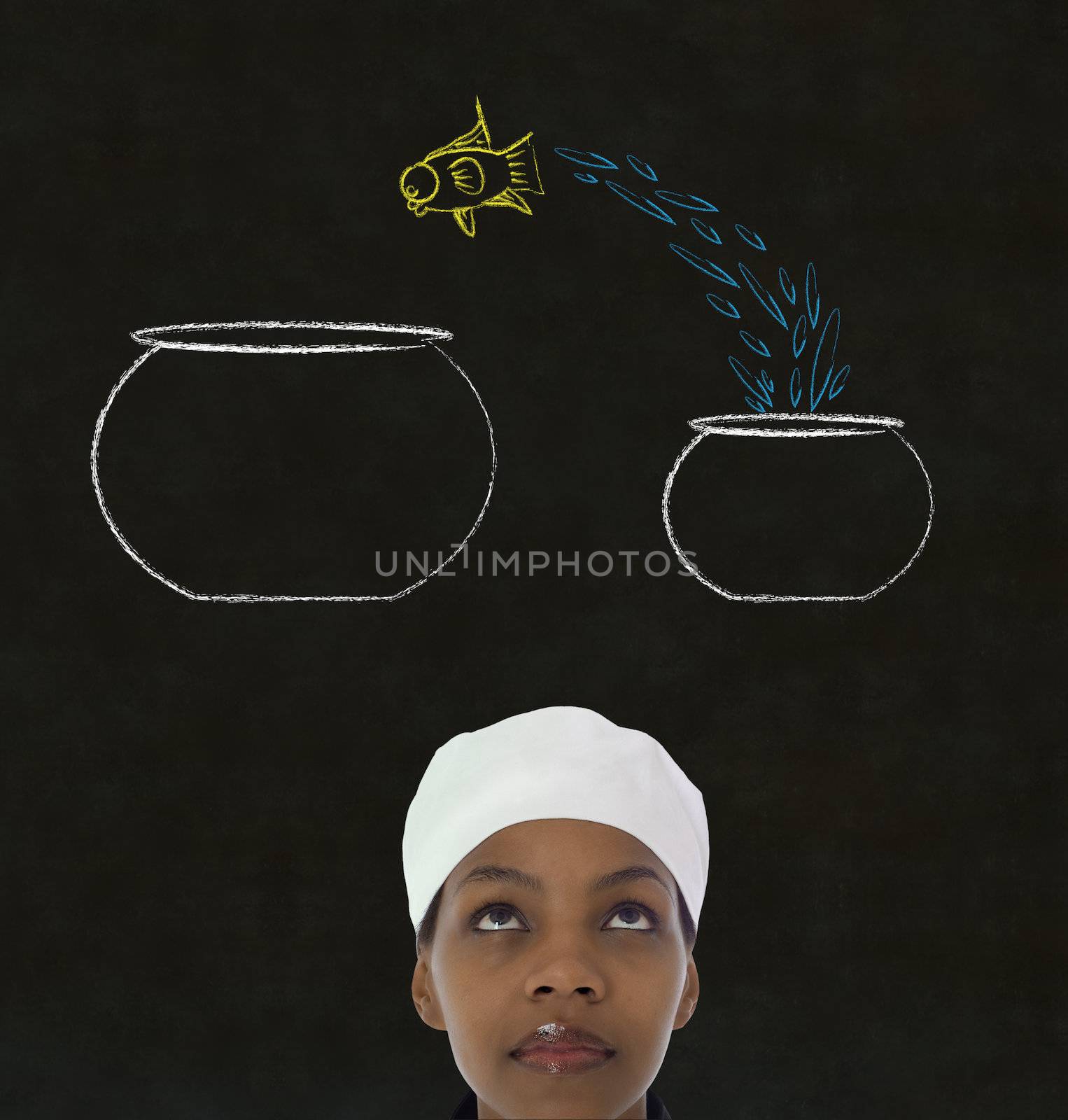 Woman chef jumping fish decision chalk blackboard background by alistaircotton