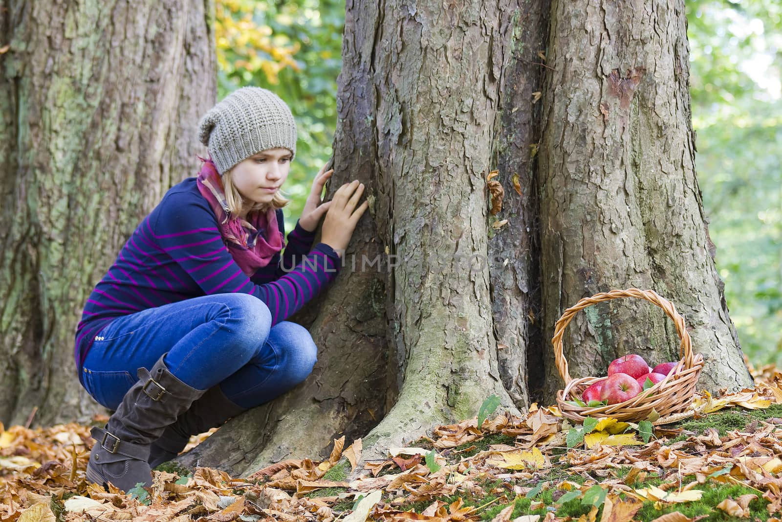 young girl with basket of apples in autumn garden