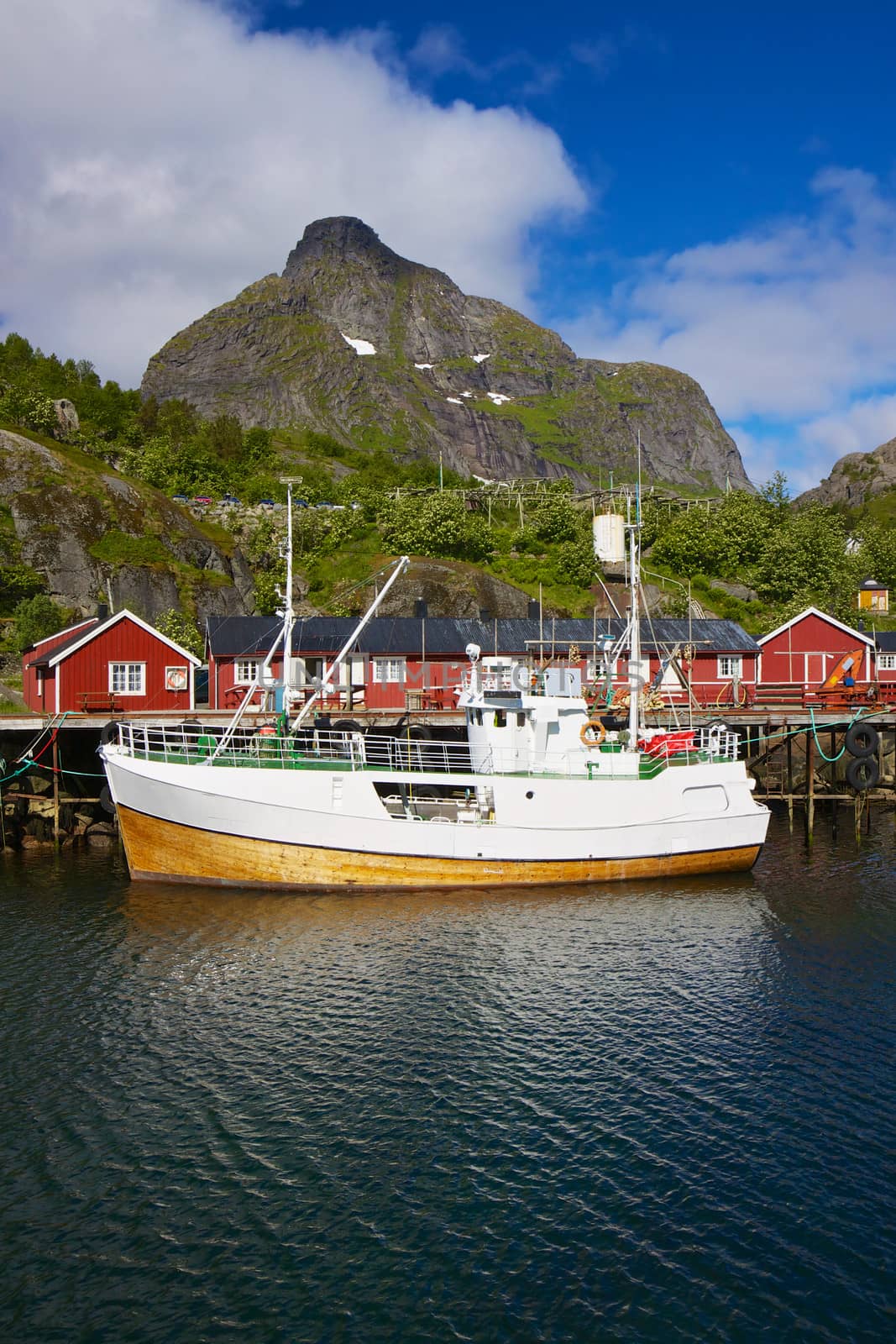 Fishing boat in Nusfjord harbour on Lofoten islands, Norway
