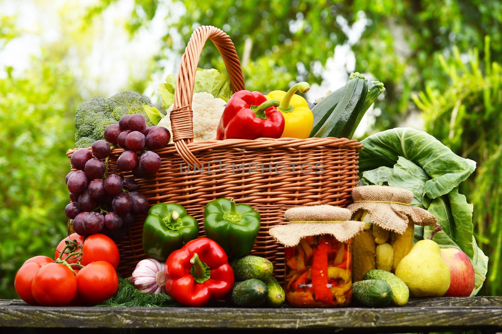 Fresh organic vegetables in wicker basket in the garden