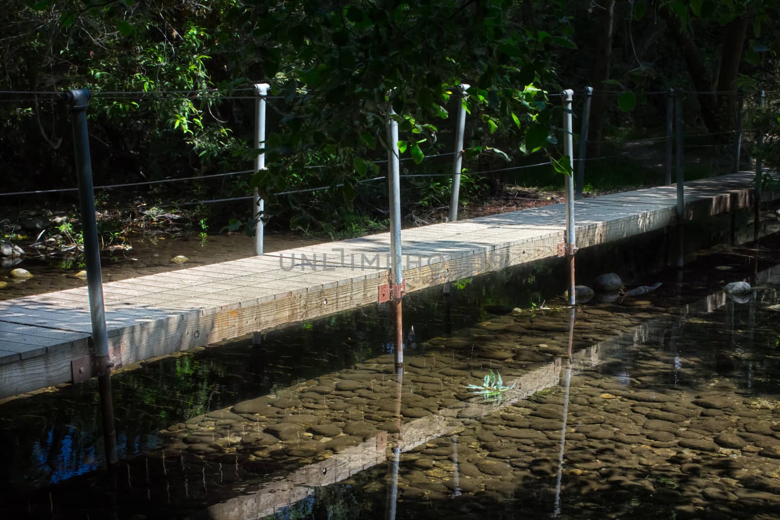 Old Wood Bridge Over Peaceful Stream