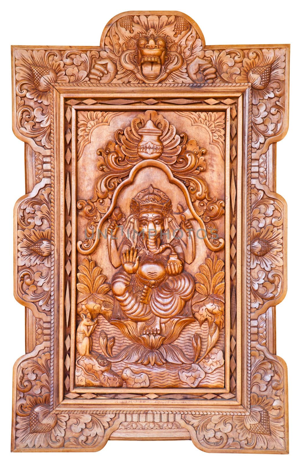 Hindu God Ganesh carving wood on white background