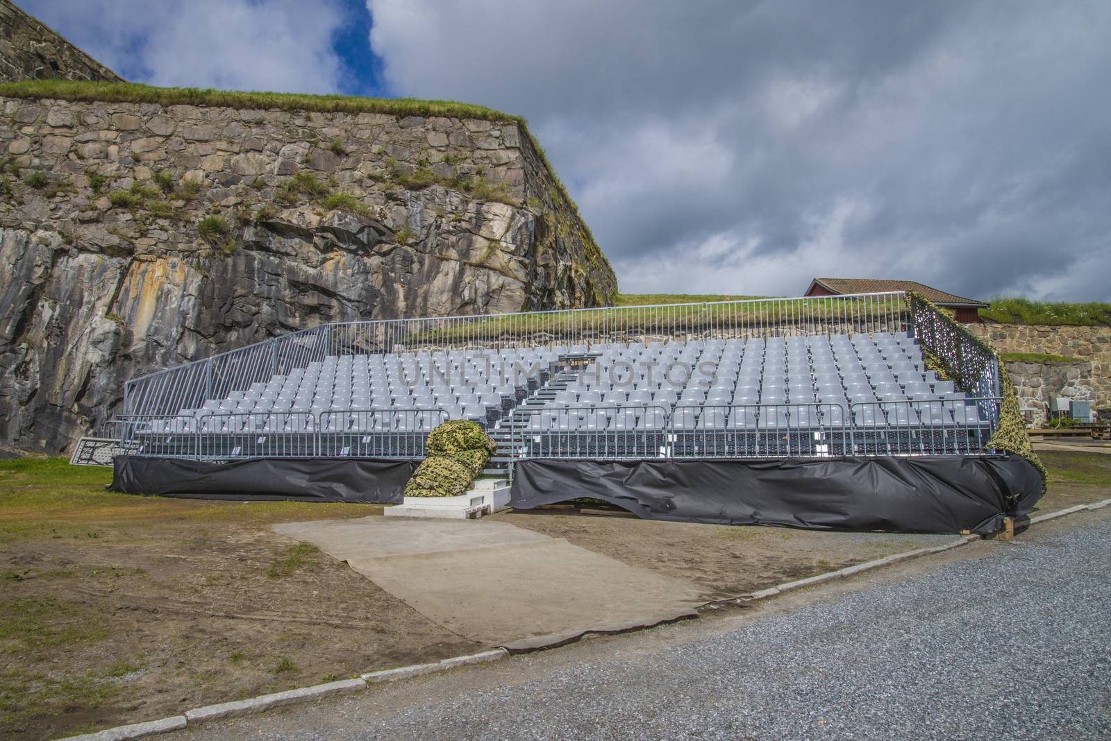 TV 2 Norway produces a popular program at Fredriksten fortress in Halden called for General singalong at the border, at Norwegian: Allsang p�� grensen. The program will be filmed every Wednesday with famous performers and audience and broadcast on television every Thursday. The photos are shot on Tuesday before recording and showing tribunes, stages, sound check and preparation.