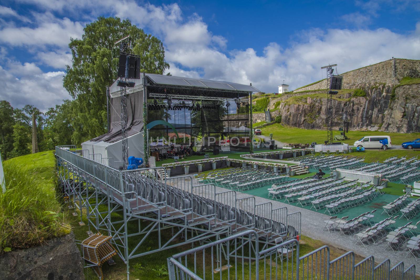 TV 2 Norway produces a popular program at Fredriksten fortress in Halden called for General singalong at the border, at Norwegian: Allsang p�� grensen. The program will be filmed every Wednesday with famous performers and audience and broadcast on television every Thursday. The photos are shot on Tuesday before recording and showing tribunes, stages, sound check and preparation.