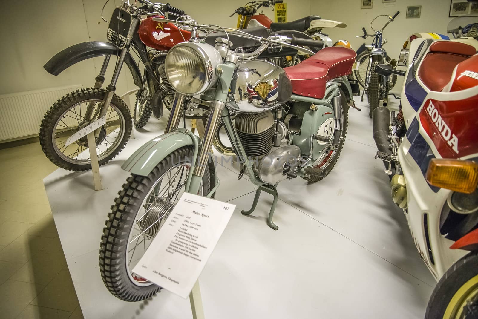 1955 Maico Sport, Germany. Engine: 250cc 1 cyl, 2-stroke, 14.5 hp, 5200 rpm, 4 gear. Top speed 110 km / per hour. All the pictures are shot on Ed's motorcycle and Motor Museum in Ed, Sweden. Interesting museum, which is worth a visit.