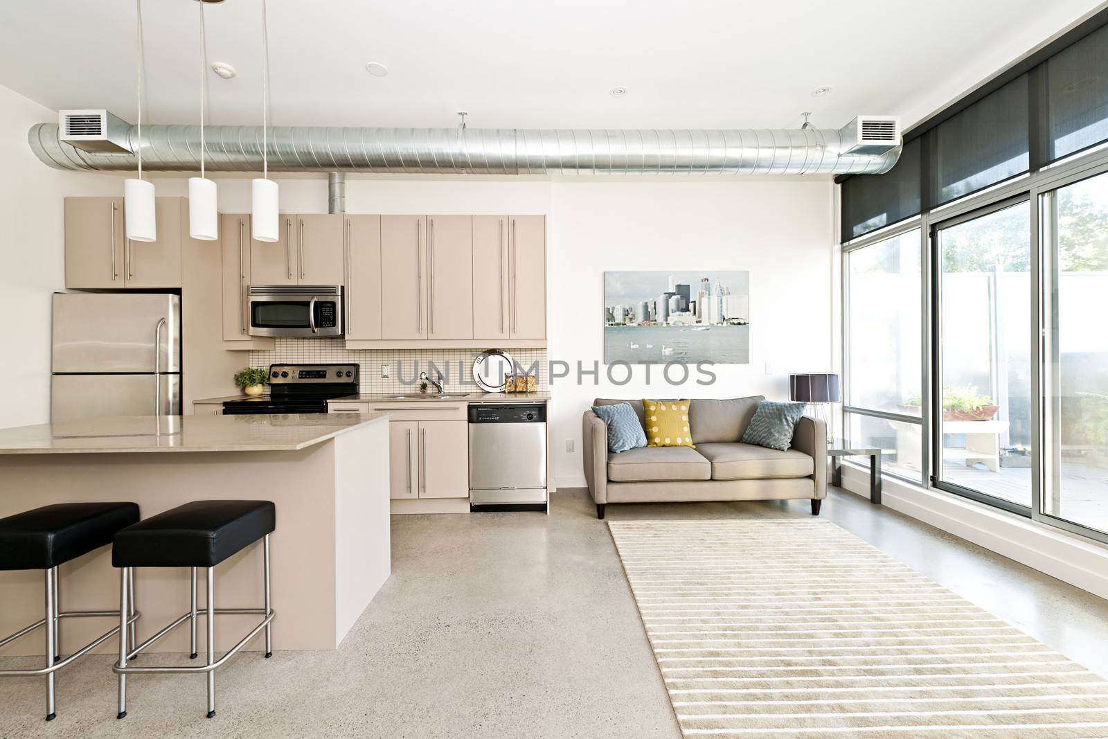 Modern condo kitchen and living room by elenathewise
