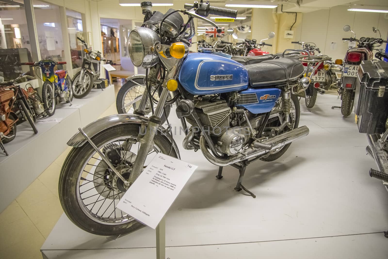 1975 Suzuki GT. Japan, Engine: 250, 2 stroke, 29 hp. All the pictures are shot on Ed's motorcycle and Motor Museum in Ed, Sweden. Interesting museum, which is worth a visit.