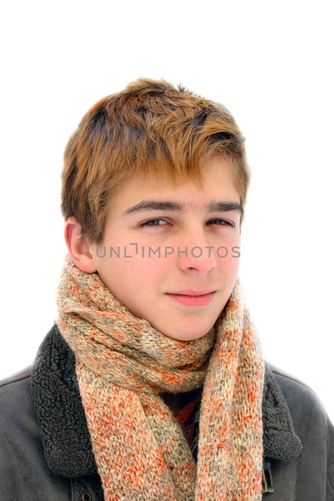 teenager portrait in the winter. Isolated on white.