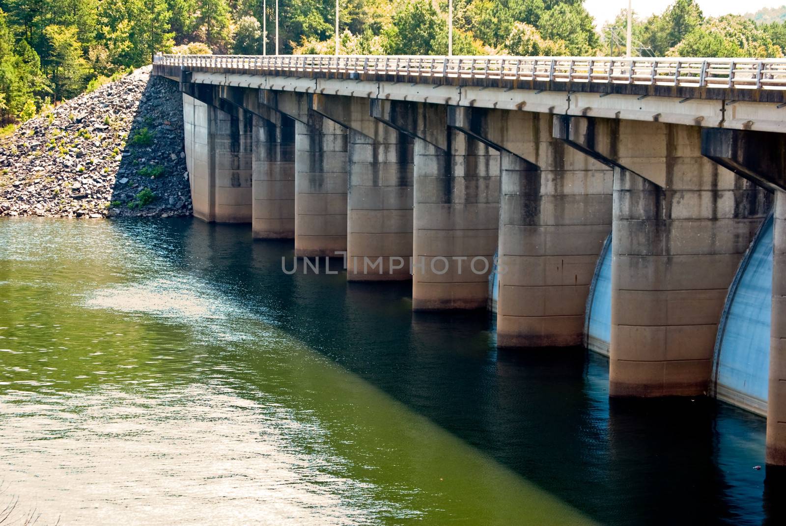 River dam in Oklahoma with a bridge